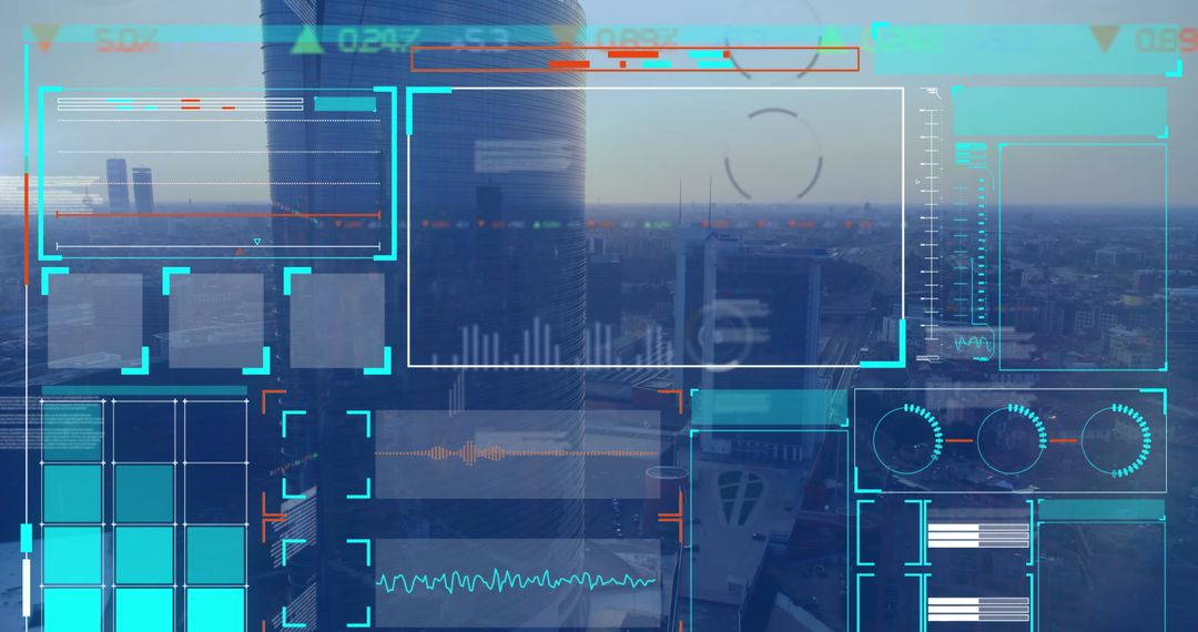 Futuristic Data Interface Overlooking City Skyline
