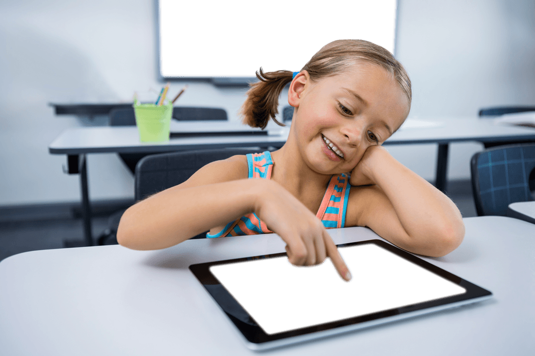 Transparent Elementary Girl Engaged with Digital Tablet in Classroom