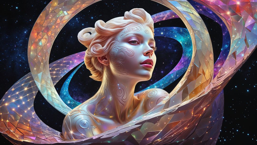 Futuristic venus burst with swirl patterns and mosaic ribbons