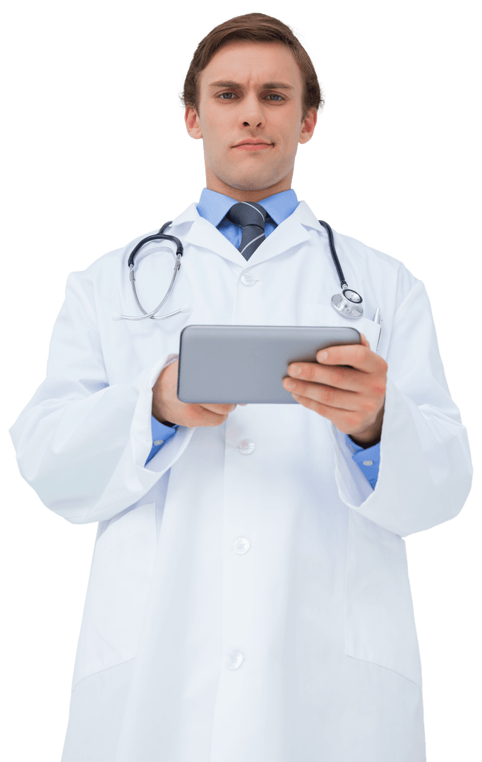 Transparent Doctor Holding Tablet PC in Hospital Attire