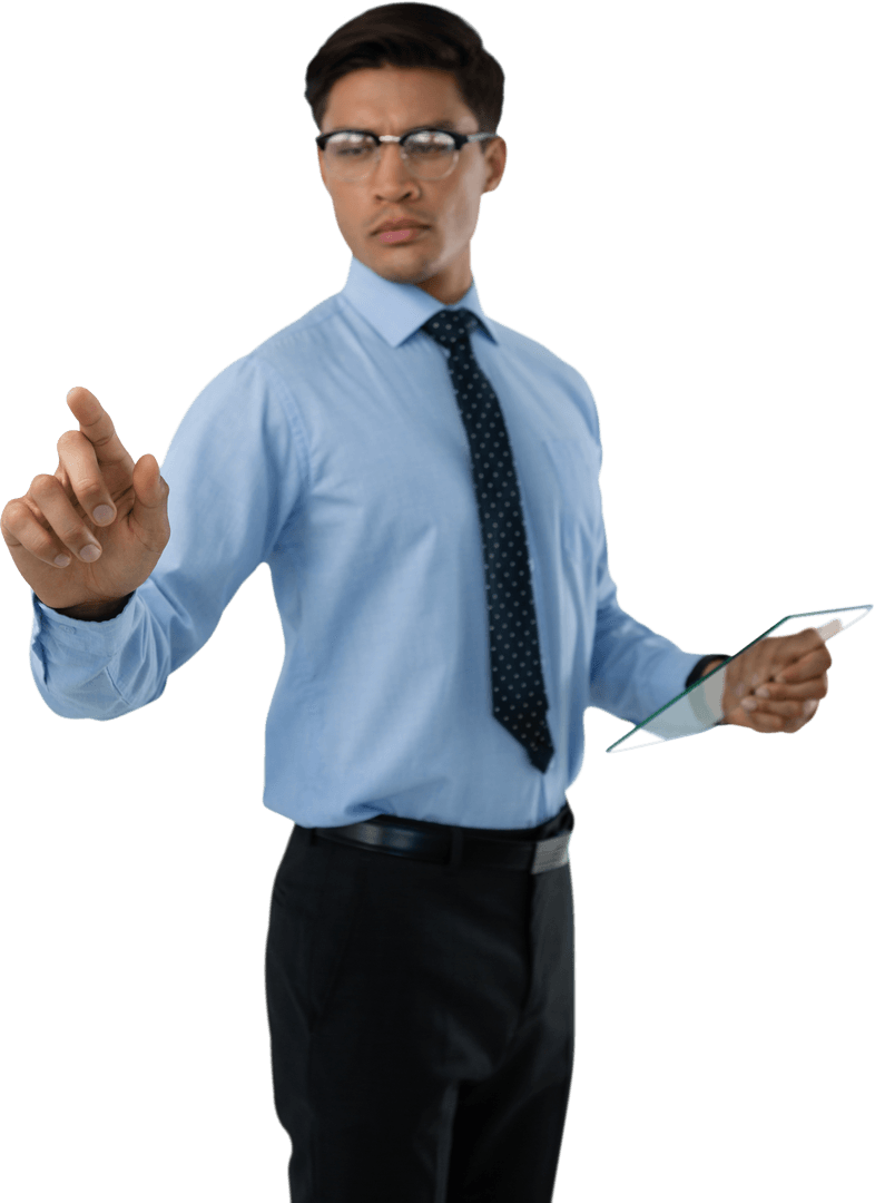 Transparent Businessman Touching Virtual Interactive Display