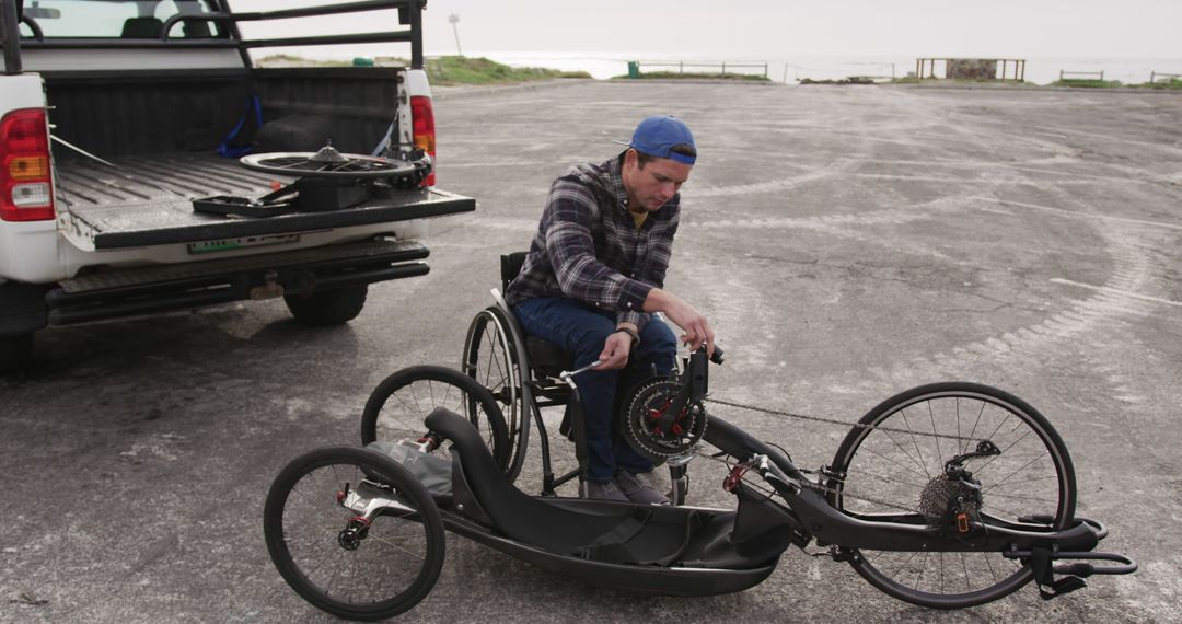 Determined Man in Wheelchair Repairing Bicycle by the Seaside - Free Images, Stock Photos and Pictures on Pikwizard.com