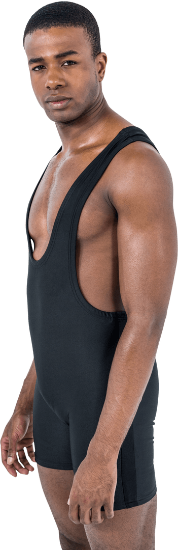 Transparent Athlete in Black Wrestling Singlet Standing Confidently