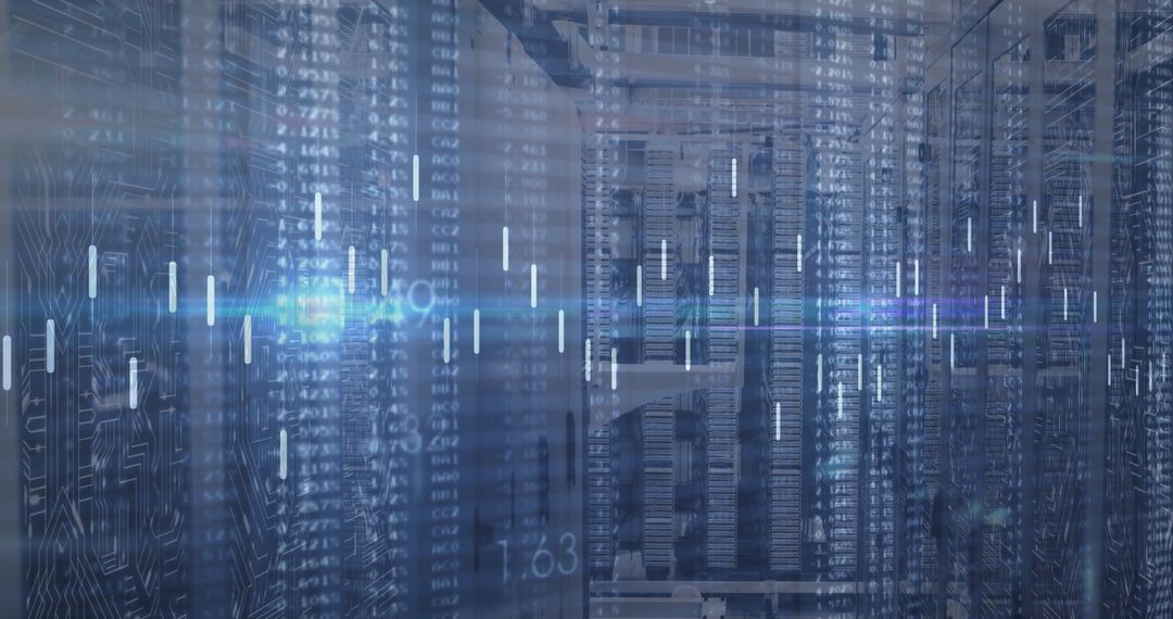 Digital Server Room with Futuristic Data Overlay and LED Lights