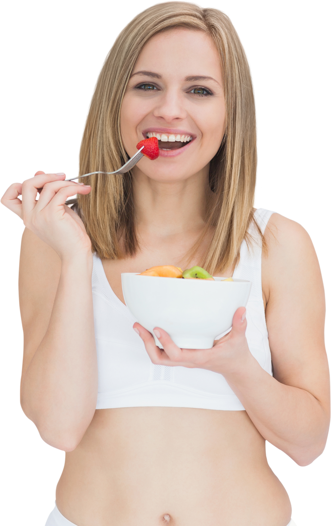 Cheerful Young Woman Eating Bowl of Fresh Fruits Isolated On Transparent Background - Download Free Stock Images Pikwizard.com