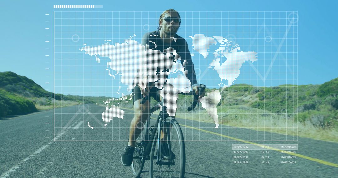 Cyclist Journey with Digital World Map Overlay on Rural Road