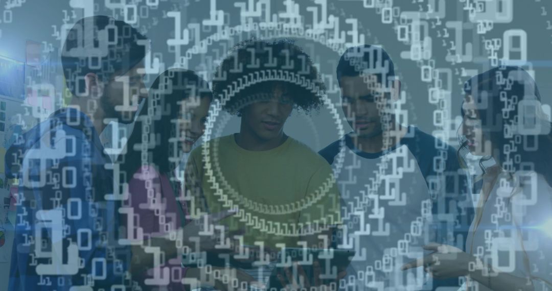 Tech Team Innovating With Tablets in Modern Office and Binary Overlay