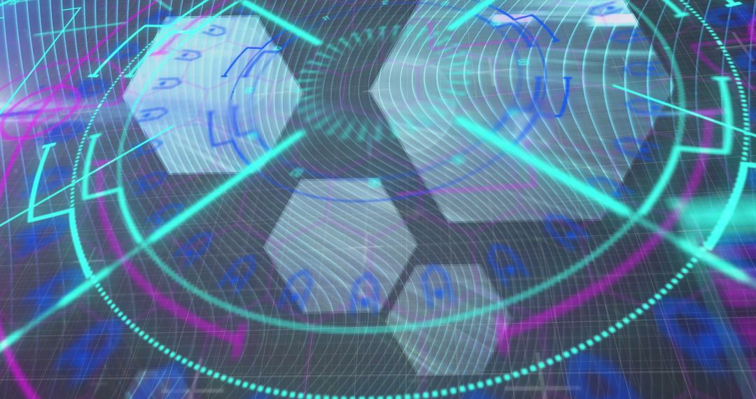 Futuristic Digital Interface with Scanning Grid and Hexagons