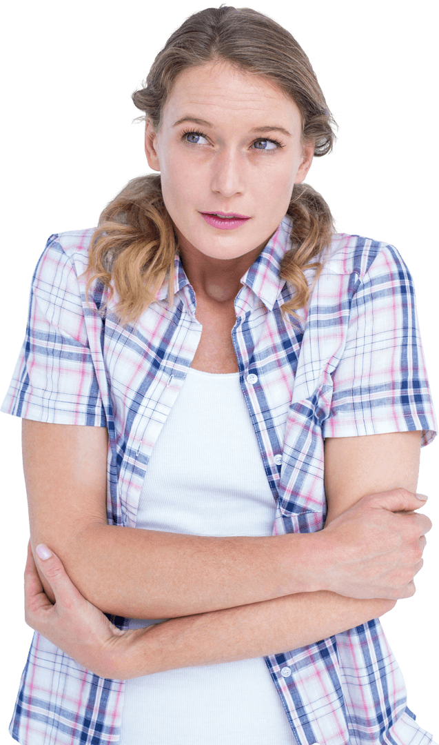 Pensive Woman with Arms Crossed in Transparent Background