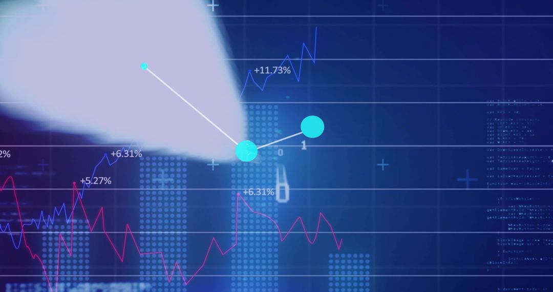 Cyan Node Highlighting Data Point on Digital Finance Dashboard with Trend Lines