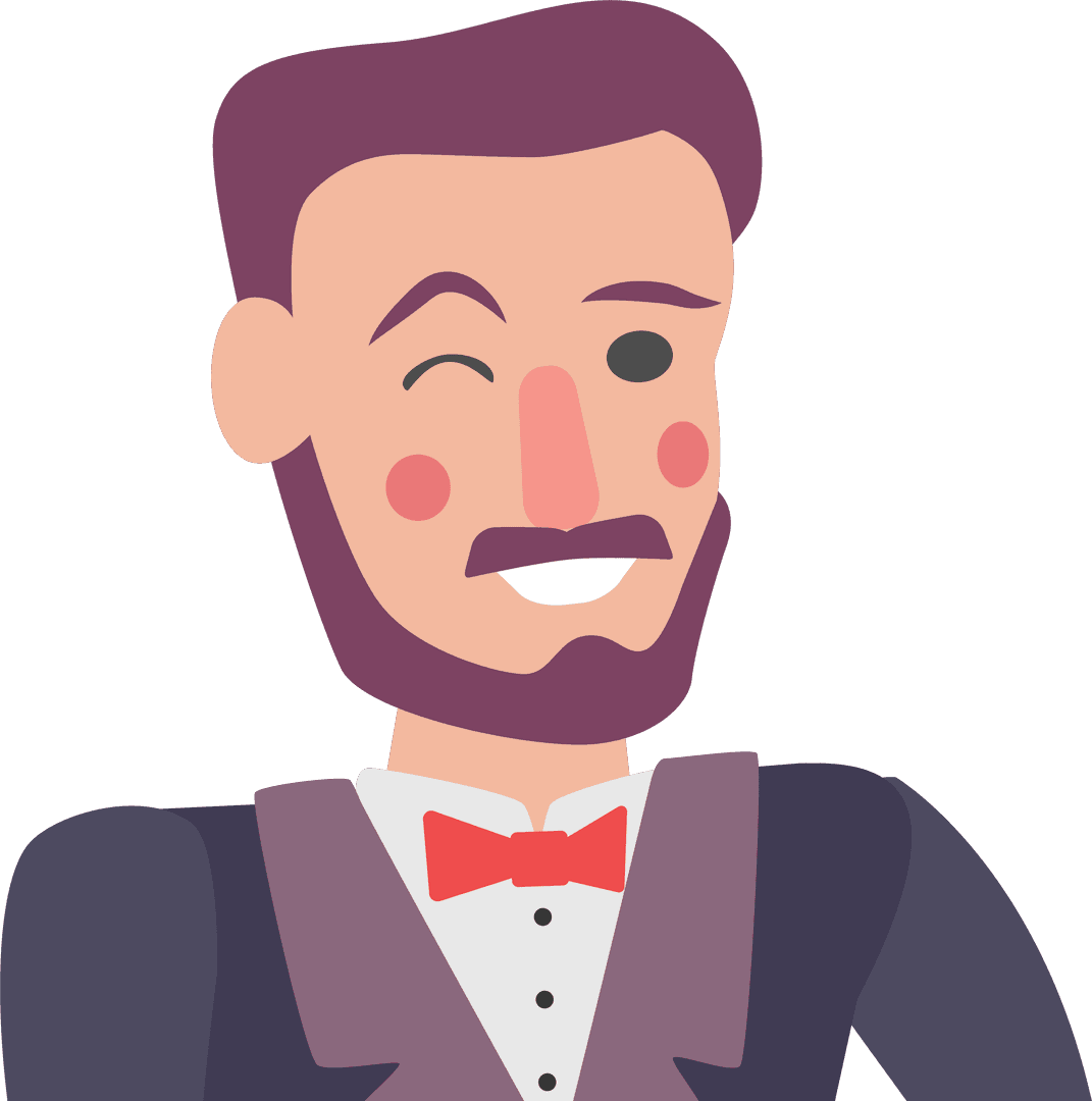 Cartoon Man Winking with Red Bow Tie on Transparent Background