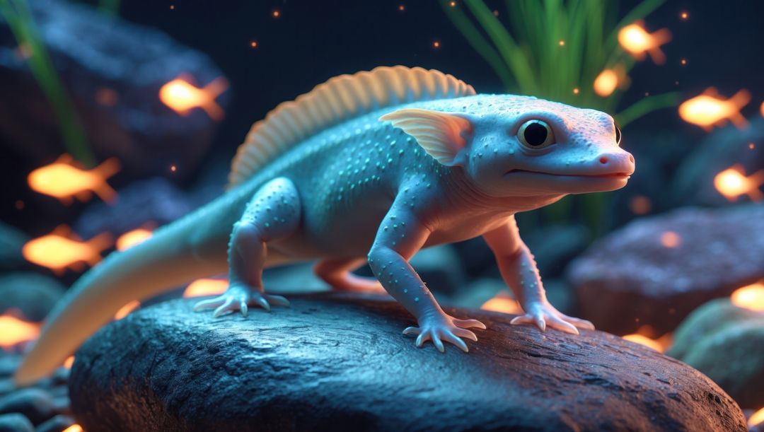 Axolotl on Rock in Aquarium with Colorful Fish and Vegetation