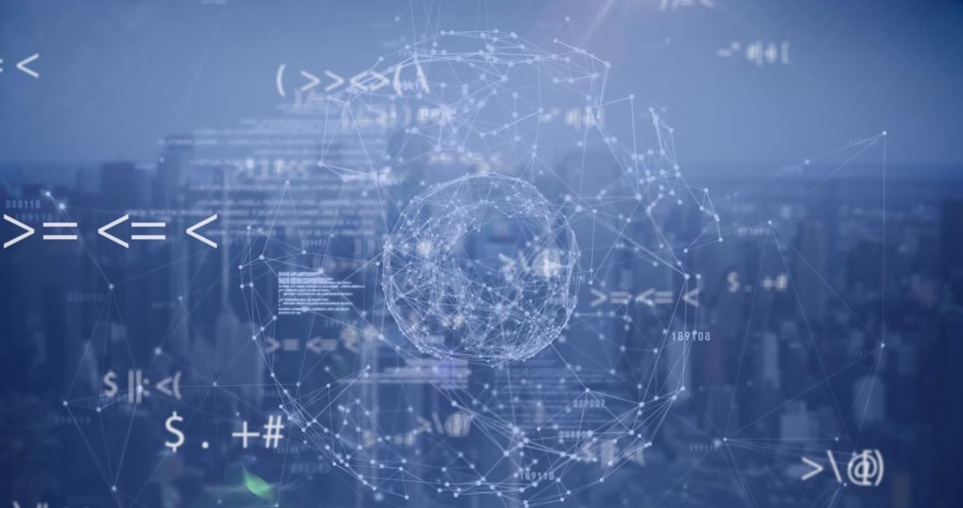 Digital Network Globe with Coding Over Cityscape
