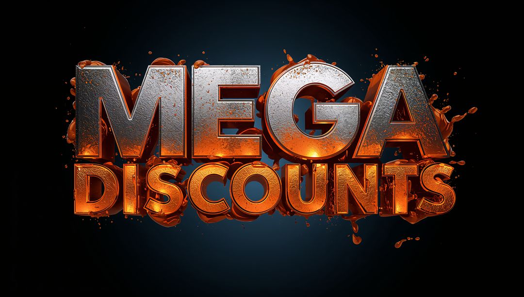 Glowing MEGA DISCOUNTS 3D Chrome Text with Orange Liquid Splash and Neon Bevel Lighting