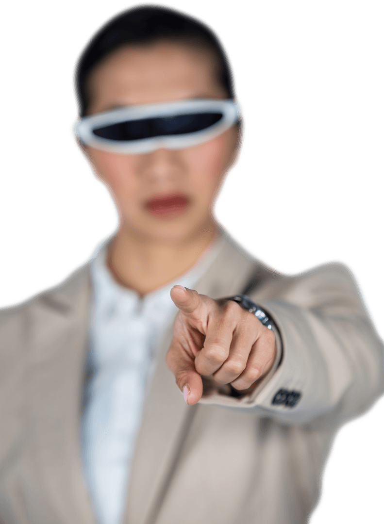 Confident Businesswoman Using Transparent Virtual Reality Glasses Pointing Forward