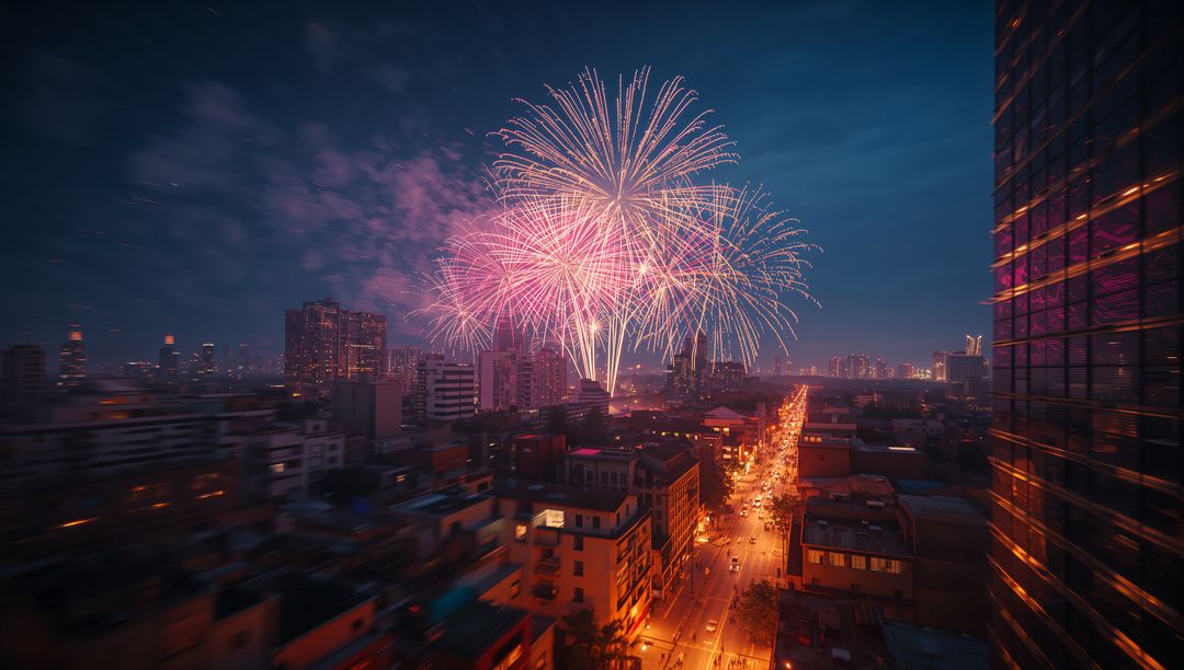 Fireworks burst over dusk cityscape with illuminated streets