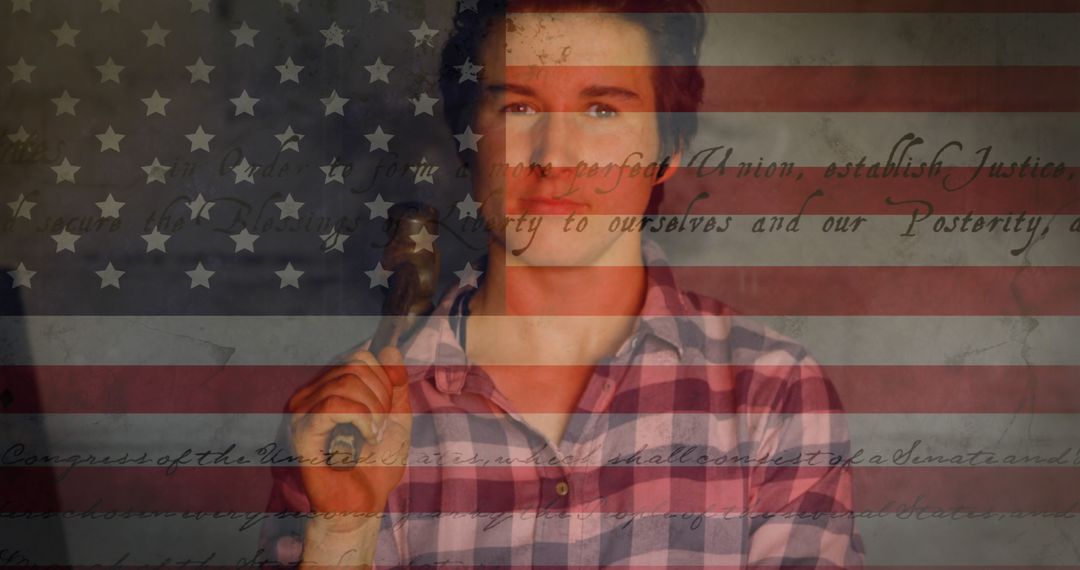 Patriotic Portrait Merging Man and American Flag with Hammer