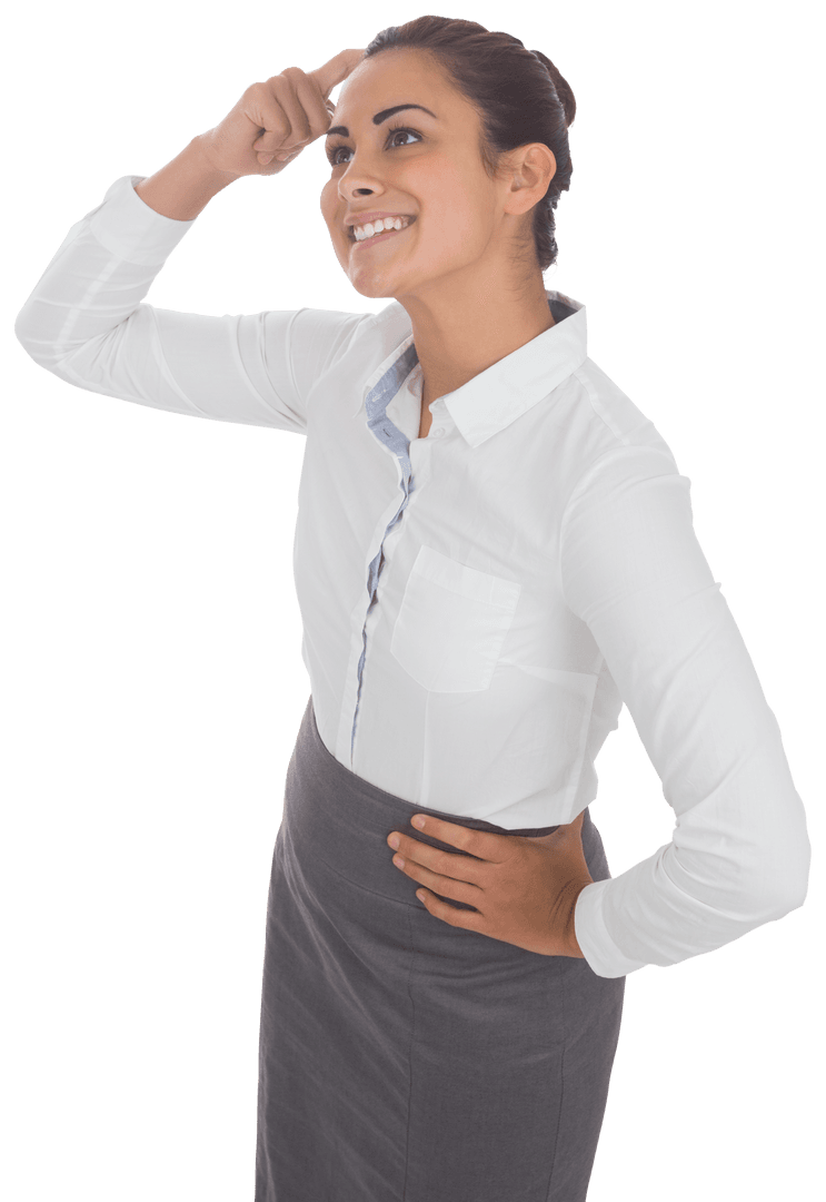 Smiling Businesswoman on Transparent Background, Hand on Head