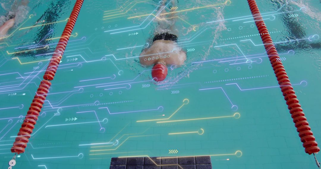 Competitive swimmer powering breaststroke with digital performance overlay and lane ropes