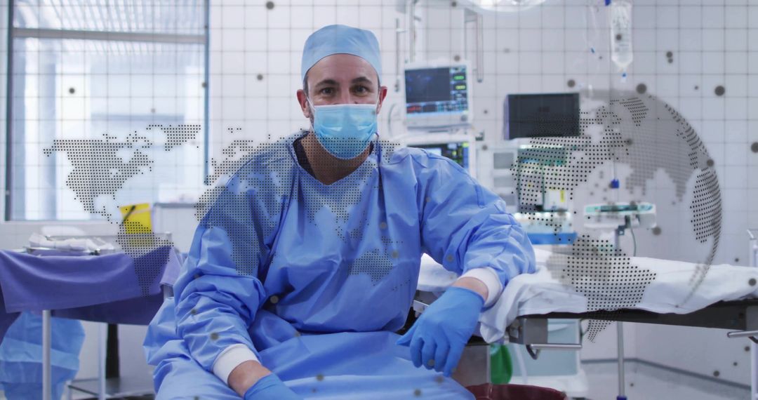 Confident Surgeon in Operating Room with Global Health Overlay