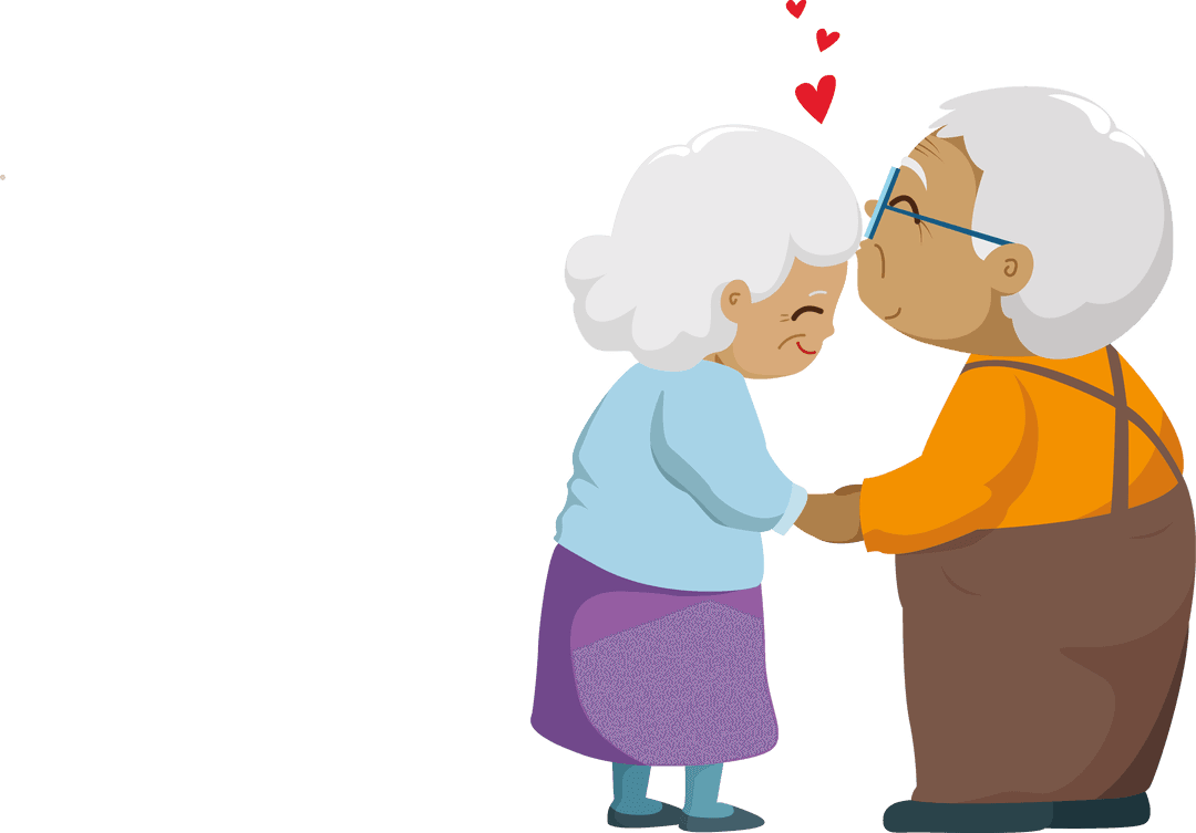 Elderly Couple with Hearts on Transparent Background
