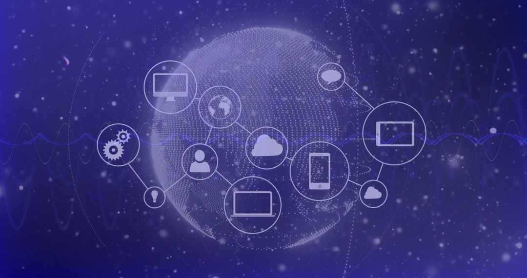 Dotted Globe with Technology Icons Symbolizing Global Connectivity