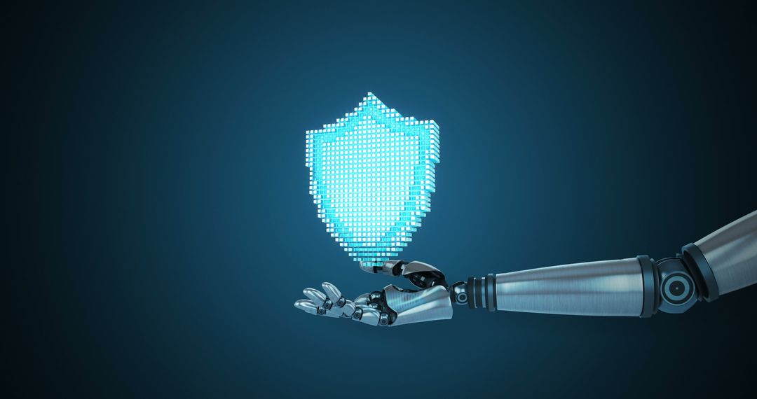Robotic Hand Holding Digital Shield Symbolizing Data Protection