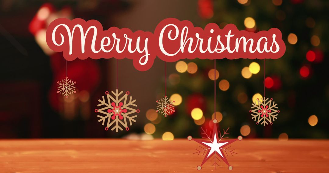 Merry Christmas Text with Festive Ornaments and Lights