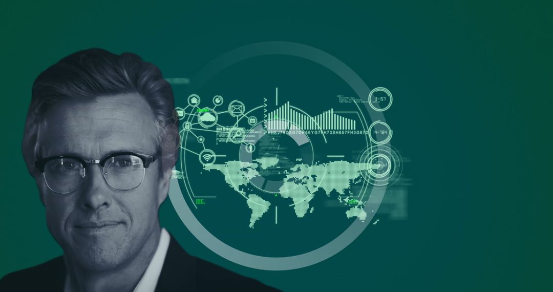 Businessman Analyzing Data with Digital Interface on Green Background