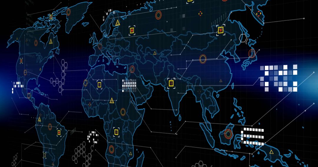 Digital data display on world map highlighting global networks