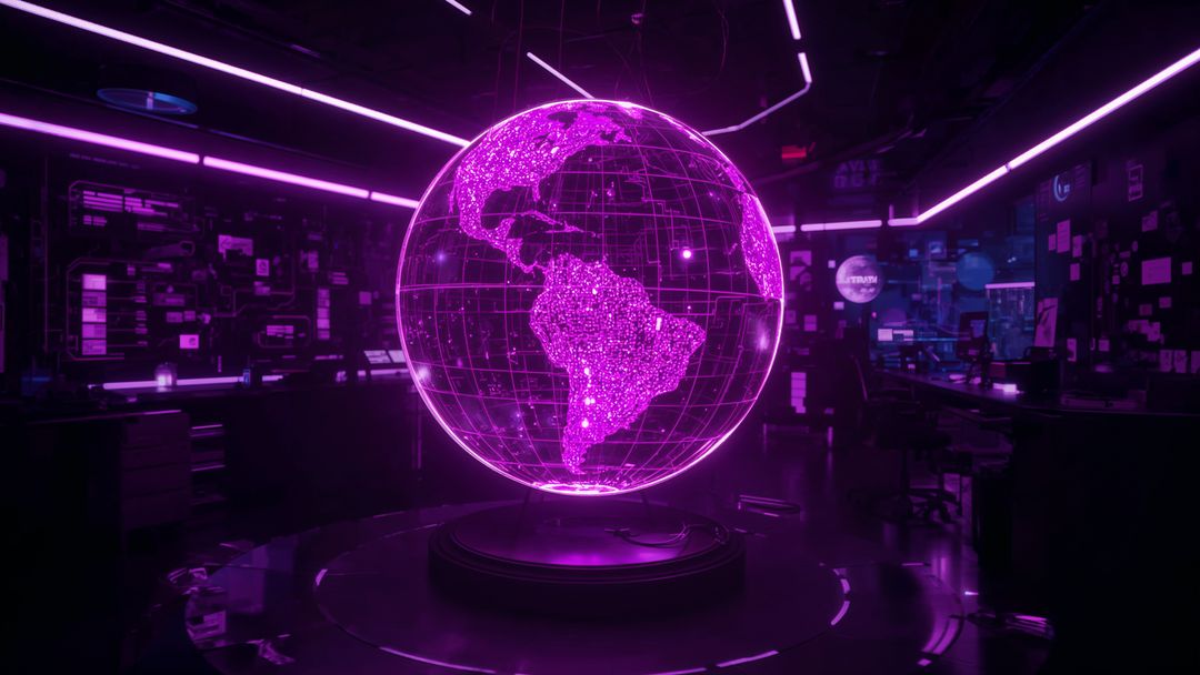 Holographic Globe in Futuristic Cyber Command Center with Neon Lights
