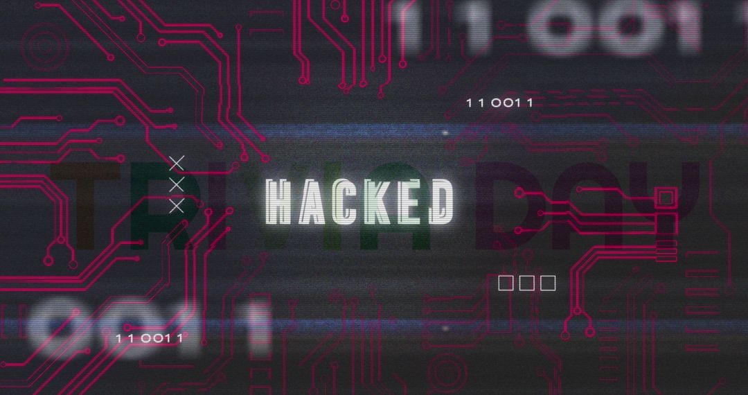 Digital Circuit Board with Hacked Text Highlighting Cybersecurity Breach