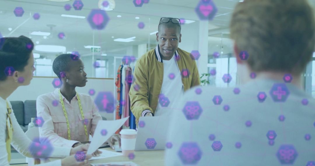 Diverse Team Collaborating in Modern Office with Futuristic Infographics