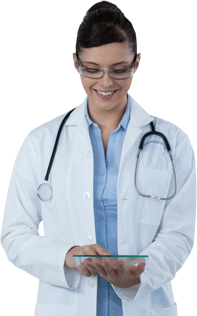 Smiling Female Doctor in Transparent Background Using Tablet