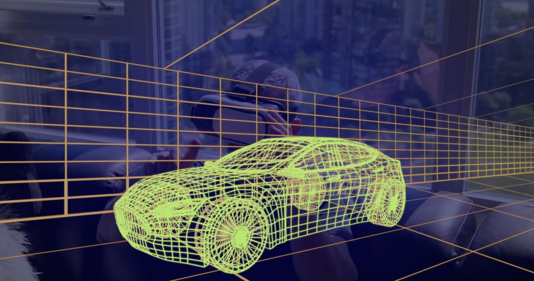 Man Using VR Headset with Augmented Reality Car Model in Modern Living Room