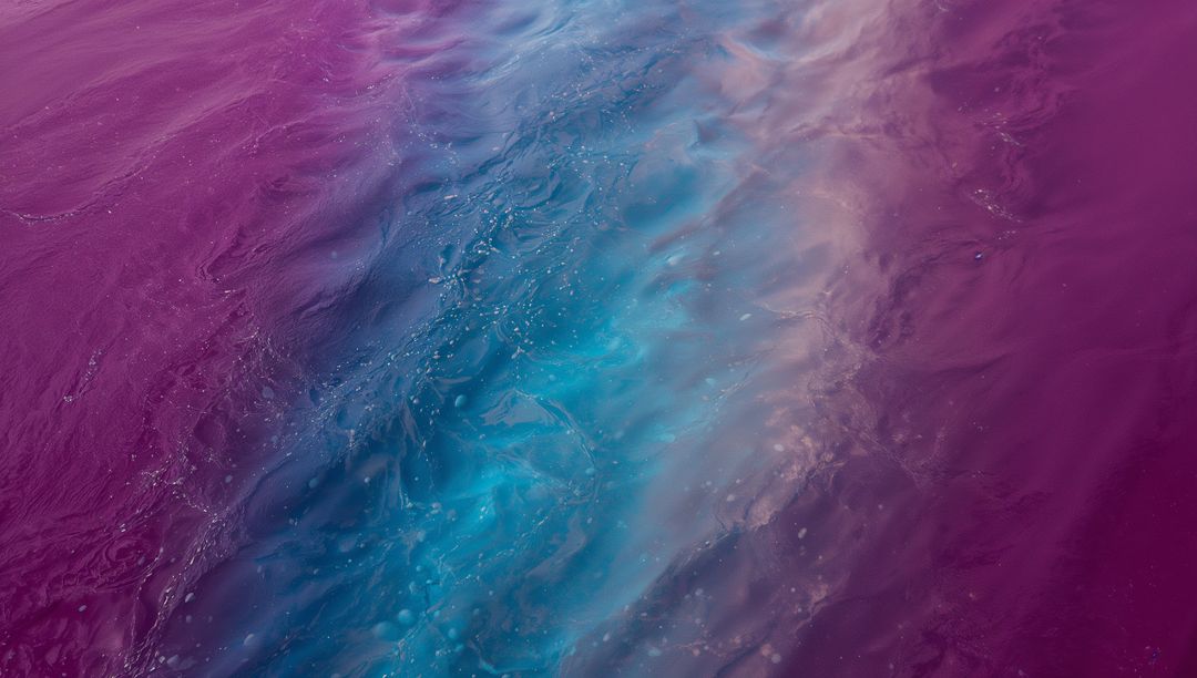Turquoise Stream Flowing Through Magenta Liquid Abstract Fluid Art with Ripples and Bubbles Macro