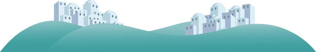 Minimalist Coastal Landscape with Domed Buildings on Hills, Transparent Background