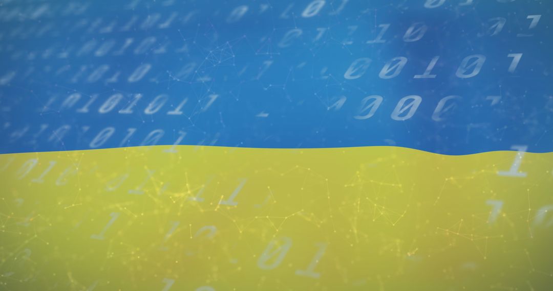 Ukraine Flag with Digital Connections and Binary Code Overlay