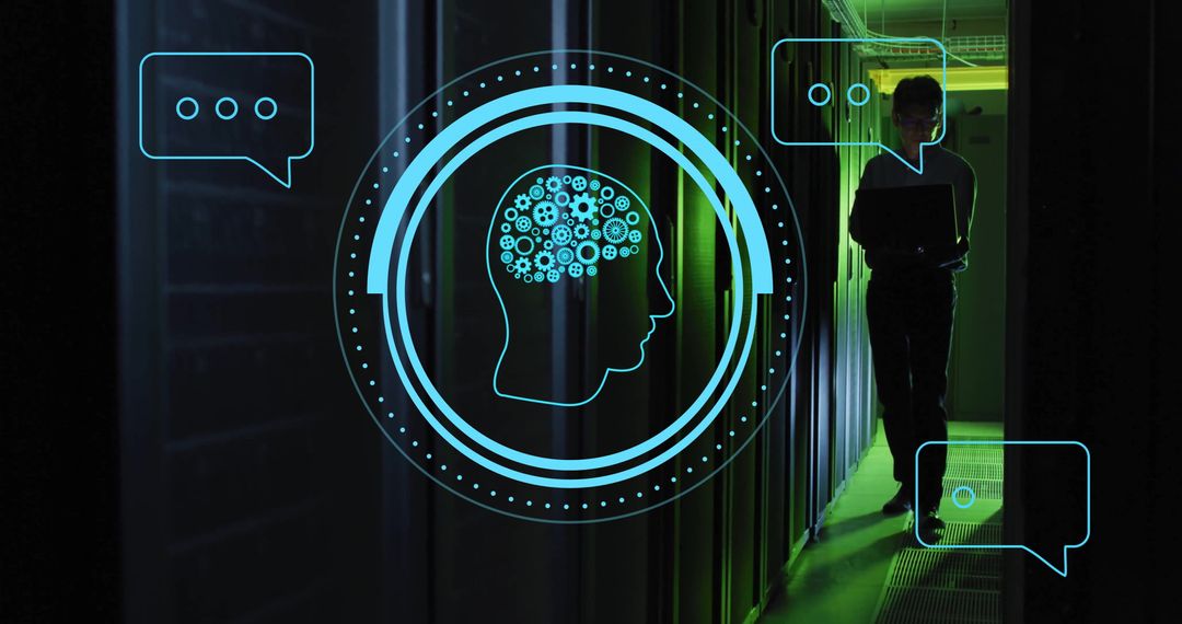 Artificial Intelligence Concept in Server Room with Technician