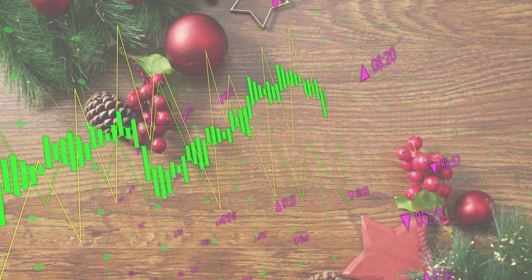 Festive Market Data Overlay Blending Candlestick Chart with Holiday Tabletop Decor
