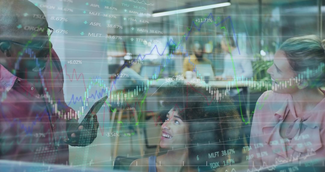 Team Collaborating on Tablet with Finance Data Overlaid