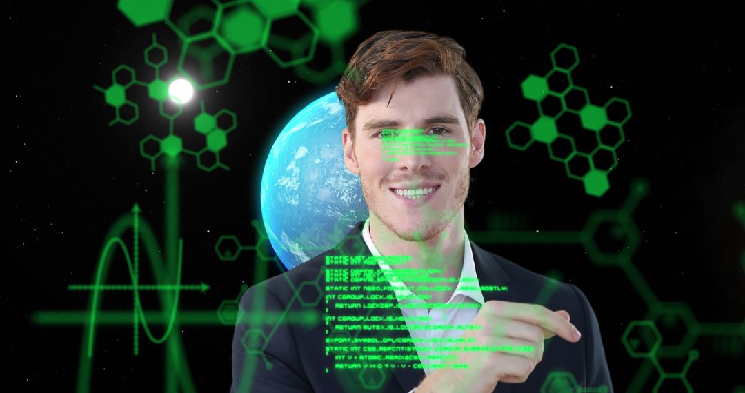 Businessman Analyzing Data Interfaces with Earth Background