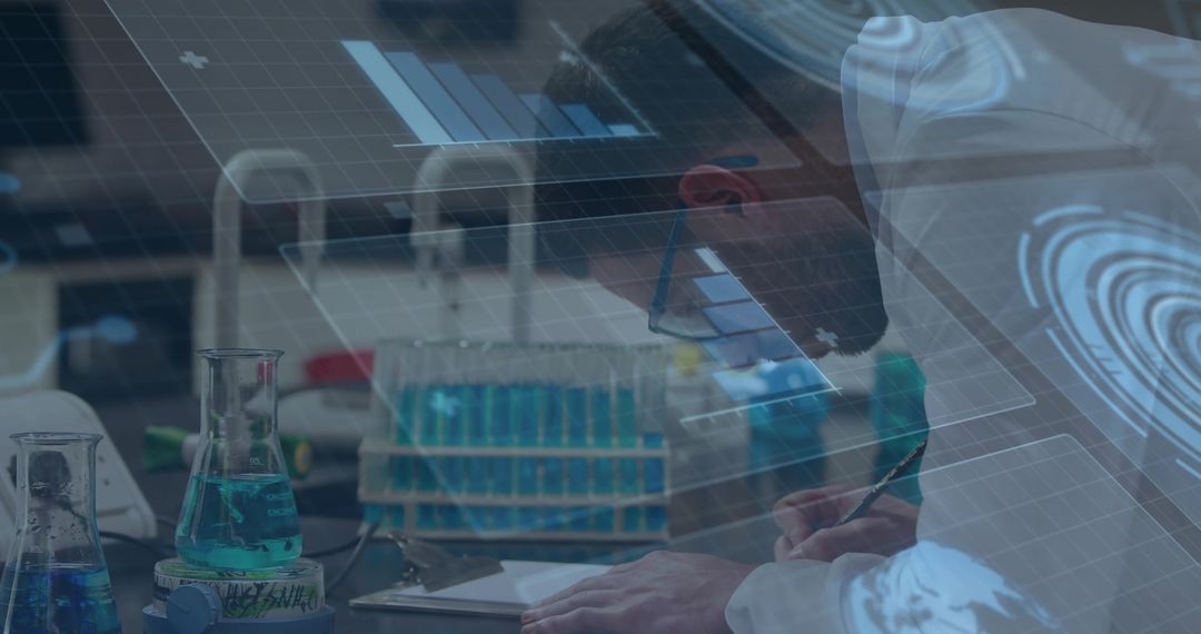 Scientist Analyzing Data in Futuristic Laboratory with Holograph display
