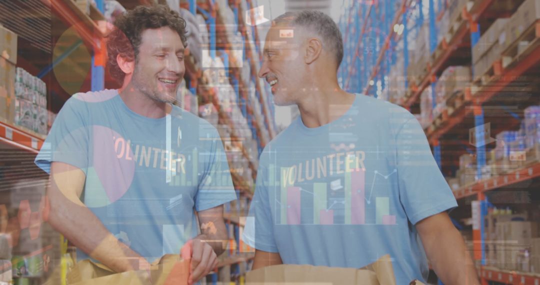 Volunteers Collaborating with Data Analysis in Warehouse Distribution