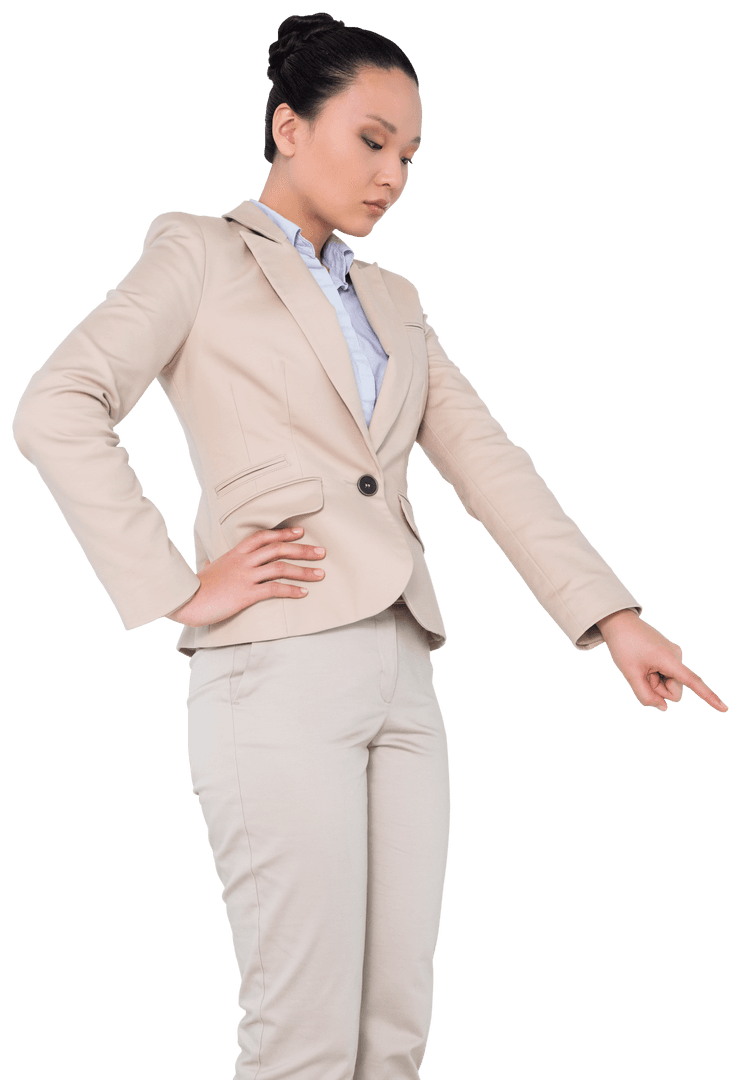 Focused Asian Businesswoman Pointing with Determination on Transparent Background
