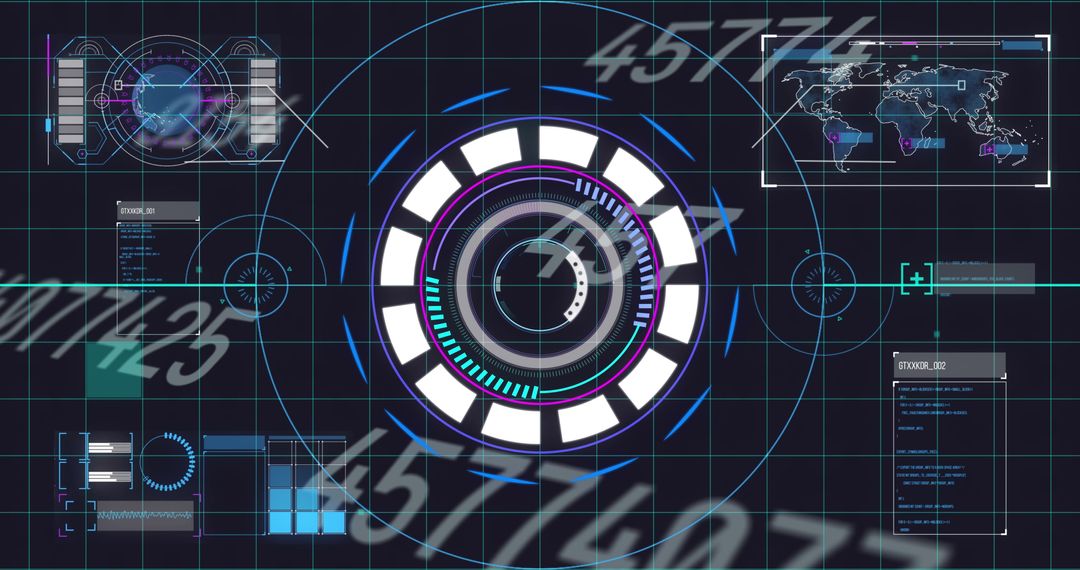 Futuristic Digital Interface Display with Grid and World Map