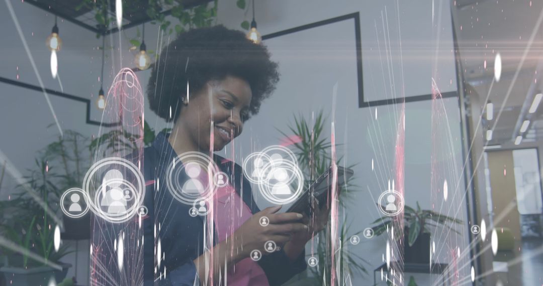 Smiling Woman Using Tablet with Social Media Icons and Connectivity Concept