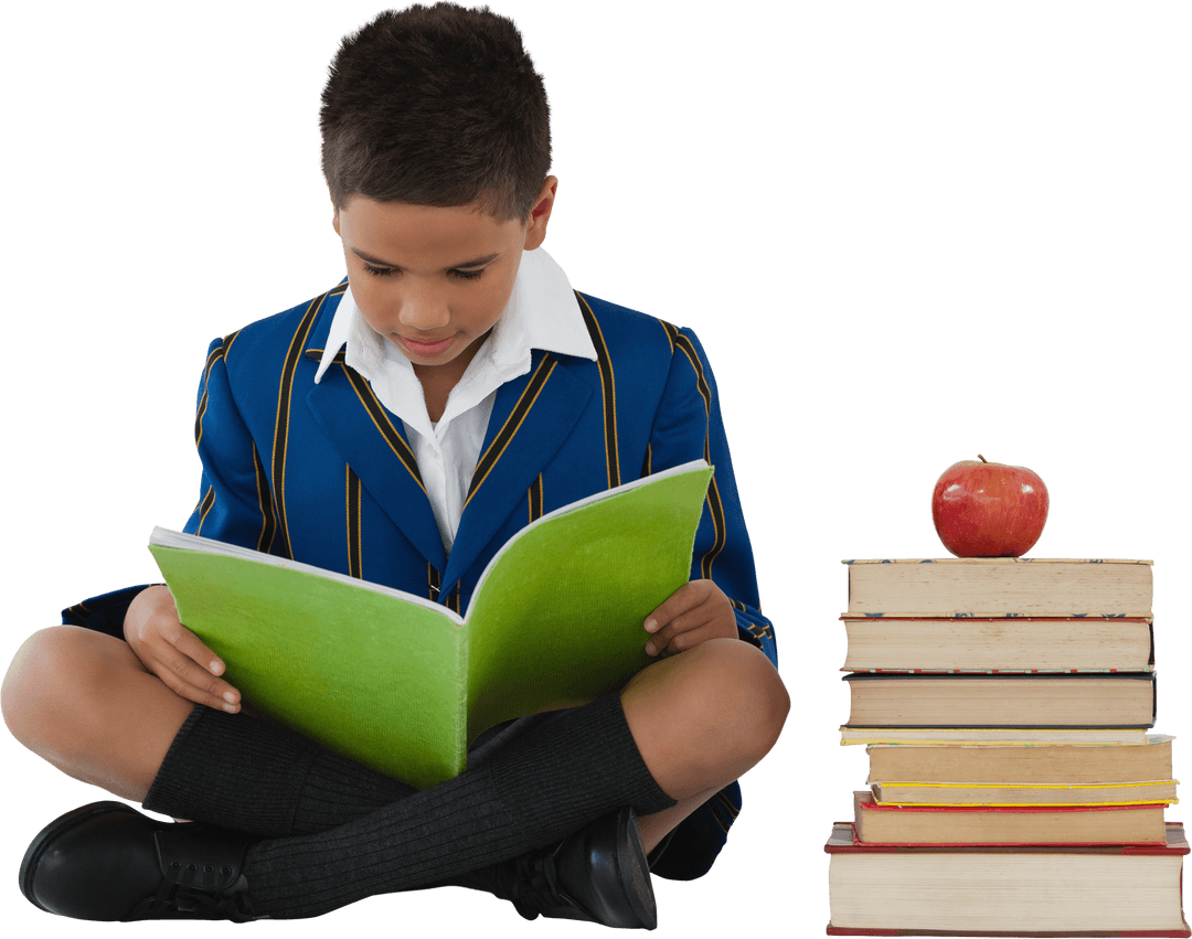 Transparent Schoolboy Reading Next to Books and Apple