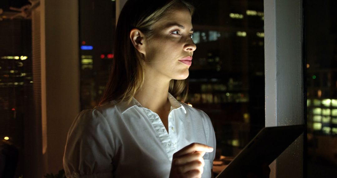 Businesswoman Using Tablet Late at Night in Office With City View - Free Images, Stock Photos and Pictures on Pikwizard.com