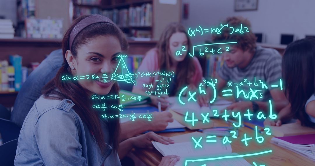 Diverse Students Engaged in Math Equations with Digital Overlay